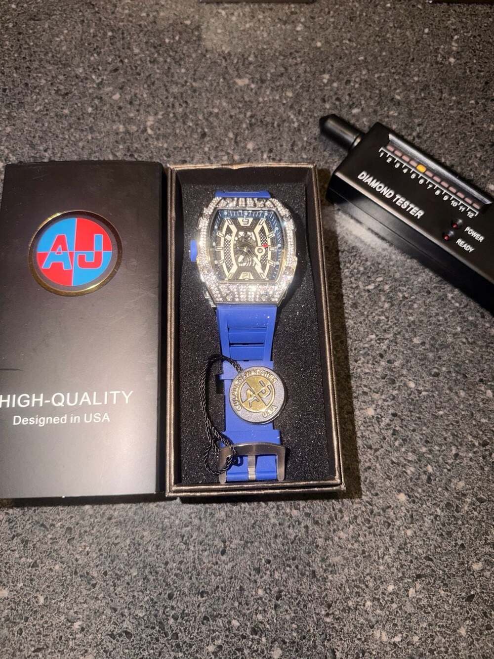AJ High-Quality Tonneau Style Moissanite Watch with Blue Silicone Strap
